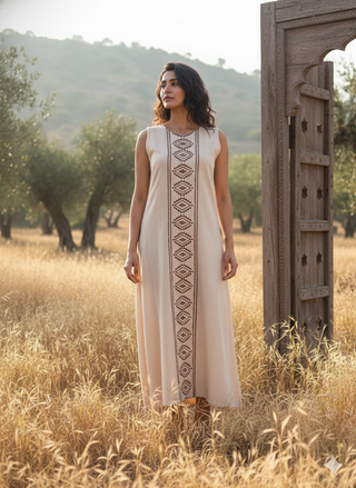 Front view of the natural cream Mojo sleeveless block print cotton maxi dress in a sunlit field with a wooden arch