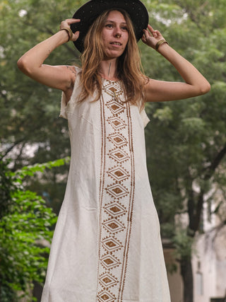 Close front view of the natural cream Mojo block print cotton maxi dress showing the diamond print centre panel