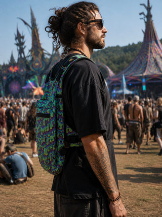 Moksha Ninja Backpack worn three-quarter view in psychedelic green and purple print