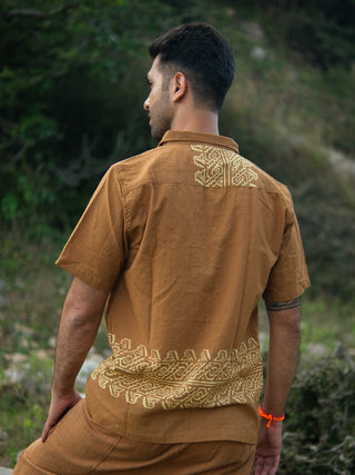 Back view of mustard yellow tribal handblock cotton shirt with print