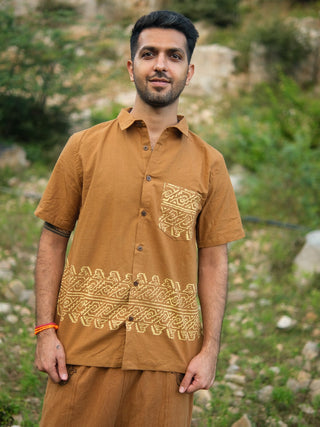 Mustard yellow tribal handblock cotton shirt, chest pocket print detail