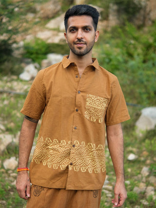 Mustard yellow tribal handblock cotton shirt, full-length standing view