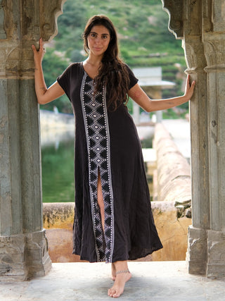 Narmada Maxi Dress in black cotton gauze with a centre-front slit and hand block print detail