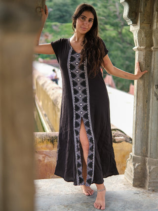 Front view of the Narmada Maxi Dress with a centre slit and full-length white block print panel