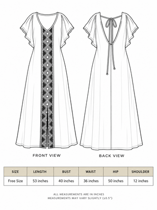 Size chart for the Narmada Maxi Dress, free size, with length, bust, waist, hip and shoulder in inches