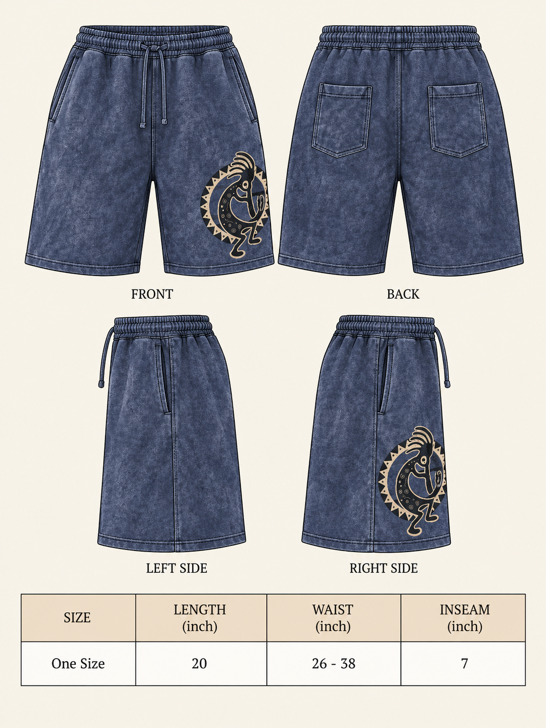 Nimit Shorts size chart showing one-size measurements: 20 inch length, 26 to 38 inch waist, 7 inch inseam