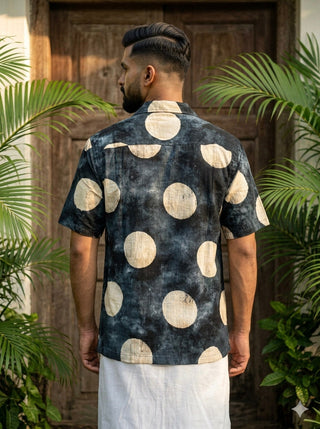 Nisha Shirt men's indigo tie-dye cotton shirt, back view showing the full hand block circle print