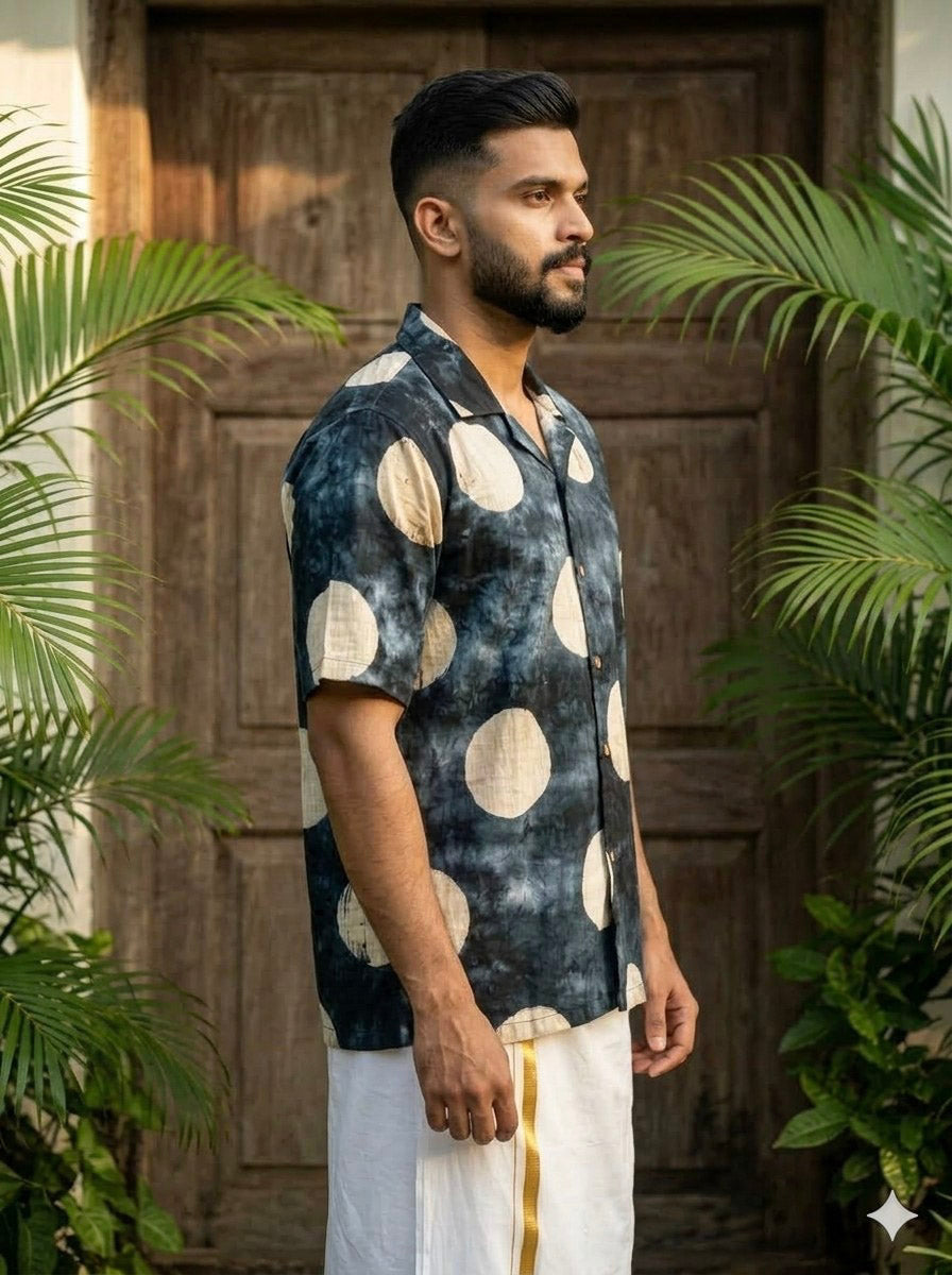 Nisha Shirt indigo tie-dye shirt for men, three-quarter view, natural beige hand block circles