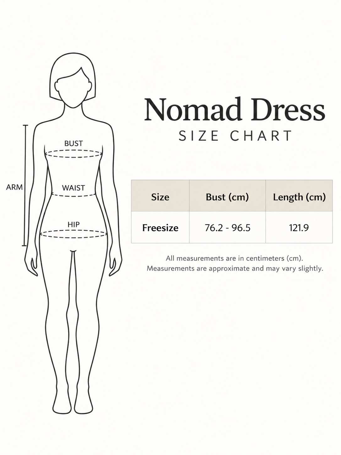 Nomad Dress freesize size chart bust 76.2 to 96.5 cm length 121.9 cm