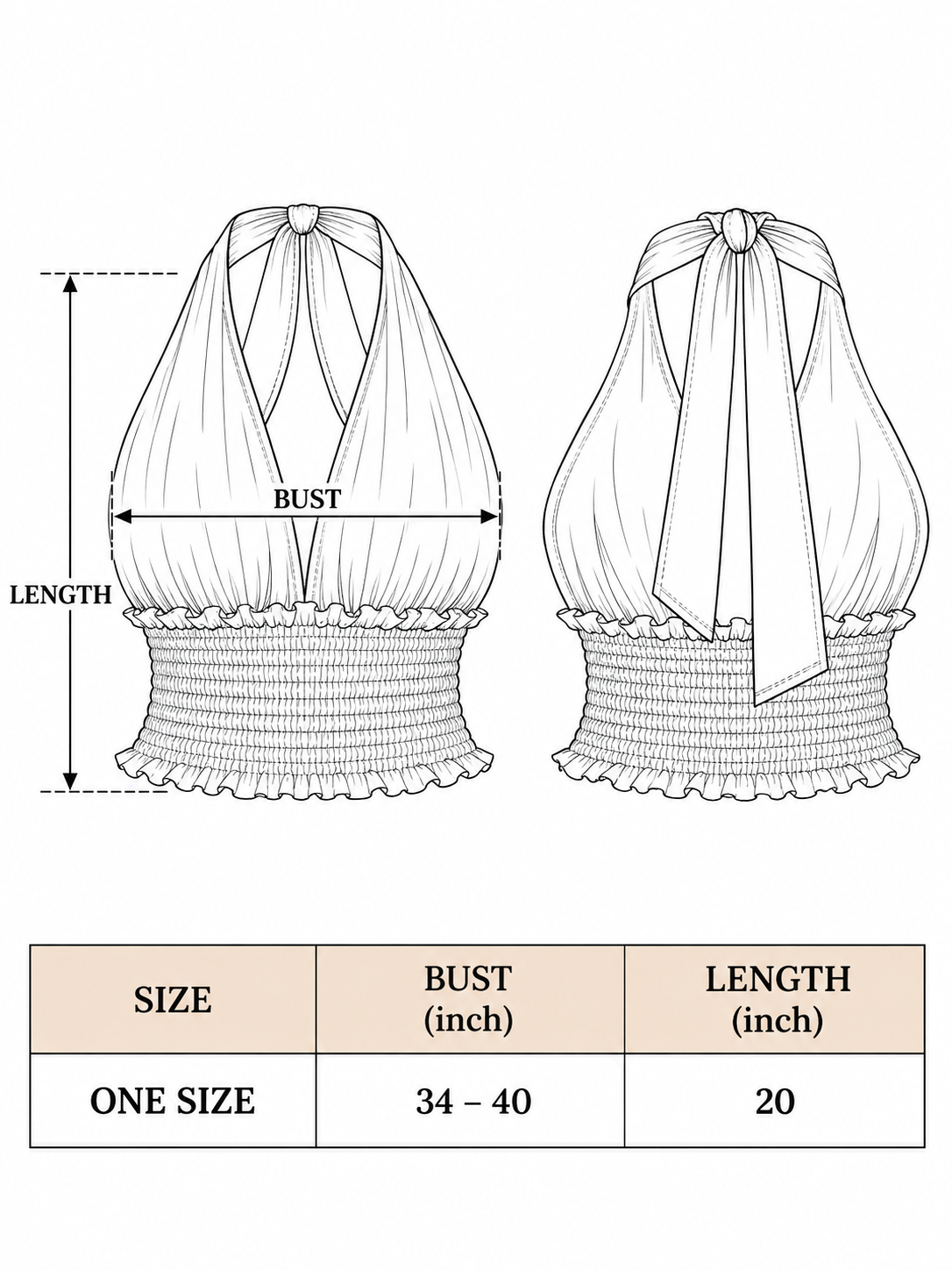 Noor halter top size chart, one size, bust 34-40 in and length 20 in