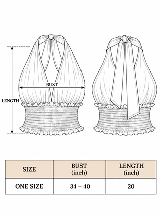 Noor halter top size chart, one size, bust 34-40 in and length 20 in