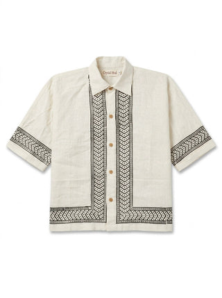 Flat-lay of the ivory Noorrekha Shirt with black chevron and dotted border print on placket and hem
