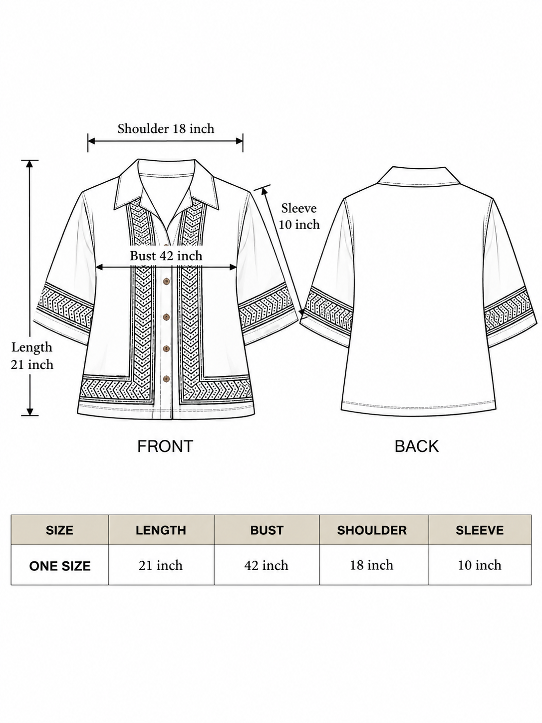 Noorrekha Shirt one-size chart with length, bust, shoulder and sleeve measurements