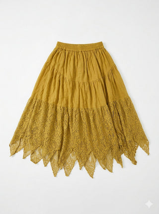 Flat-lay of an olive green khadi cotton tiered boho skirt with an elasticated waist and pointed lace hem