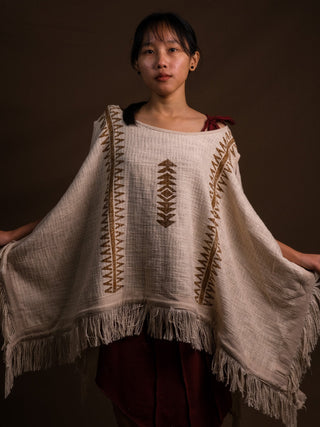 Natural cream Parvati block print cotton kimono with fringes, model holding the fabric open