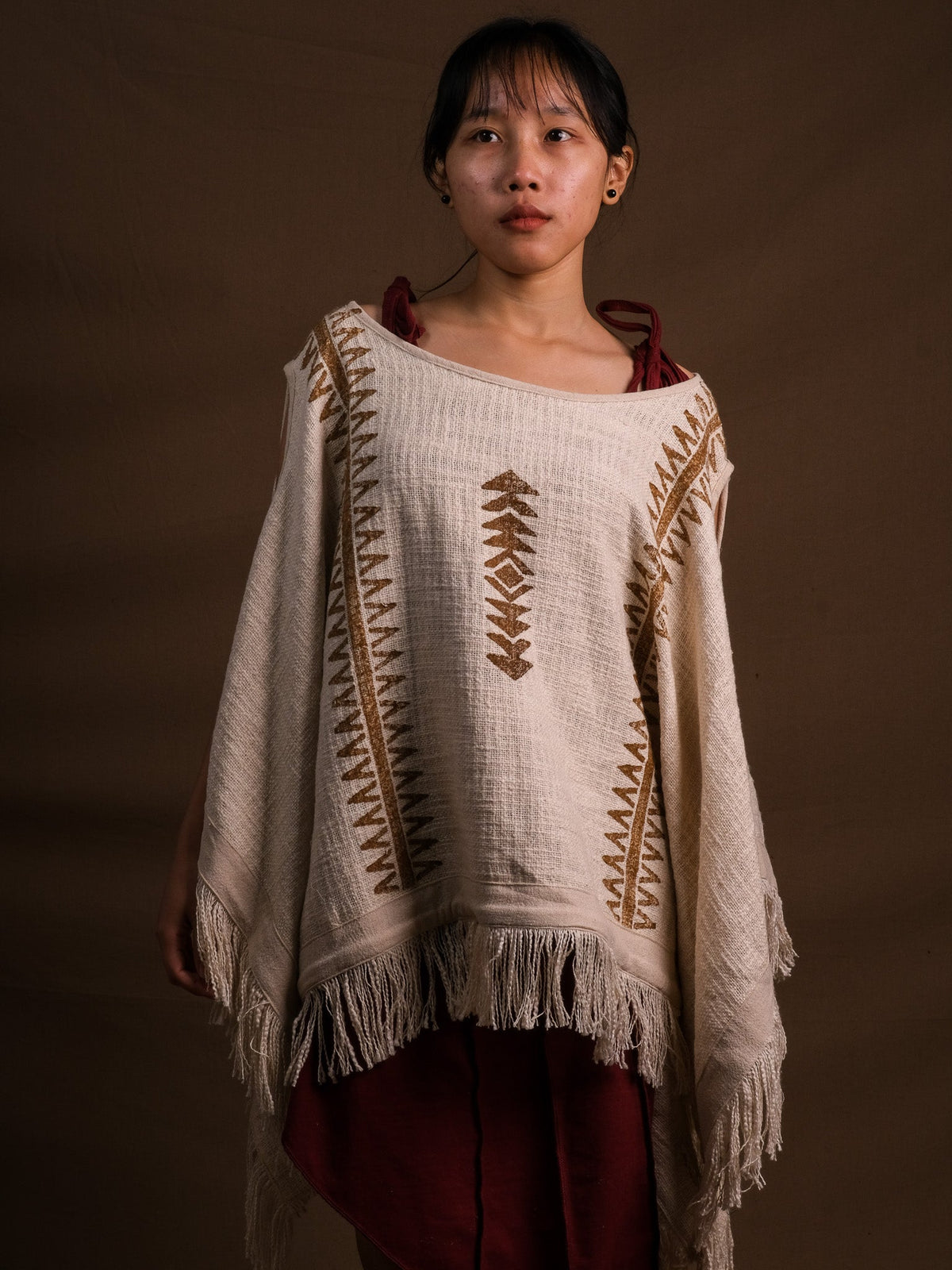 Natural cream Parvati kimono in hand block print cotton with brown motifs, studio front view