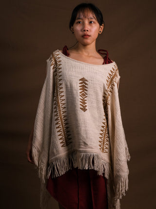 Natural cream Parvati kimono in hand block print cotton with brown motifs, studio front view