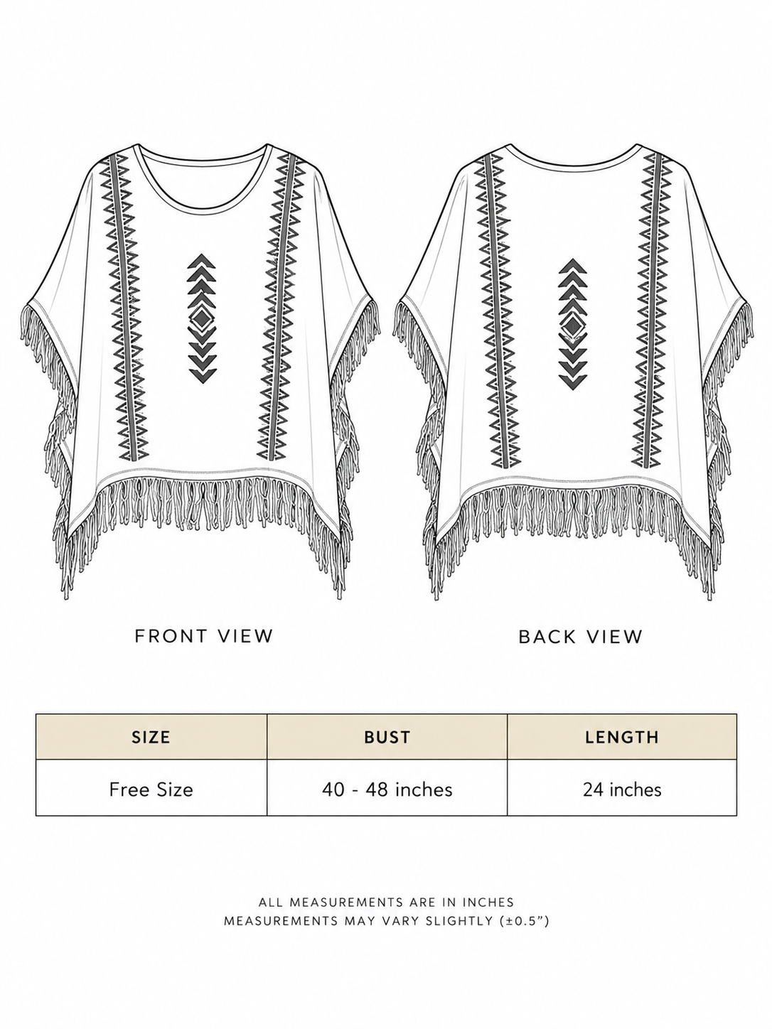 Parvati kimono size chart showing free size, bust 40 to 48 inches and 24-inch length
