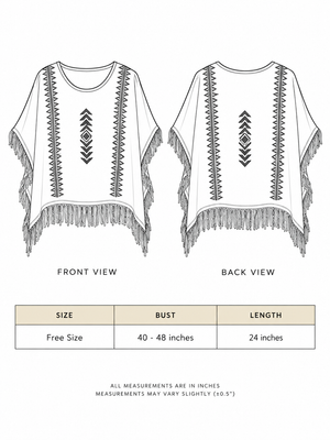 Parvati kimono size chart showing free size, bust 40 to 48 inches and 24-inch length