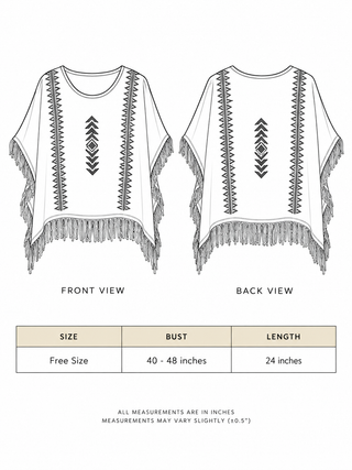 Parvati kimono size chart showing free size, bust 40 to 48 inches and 24-inch length