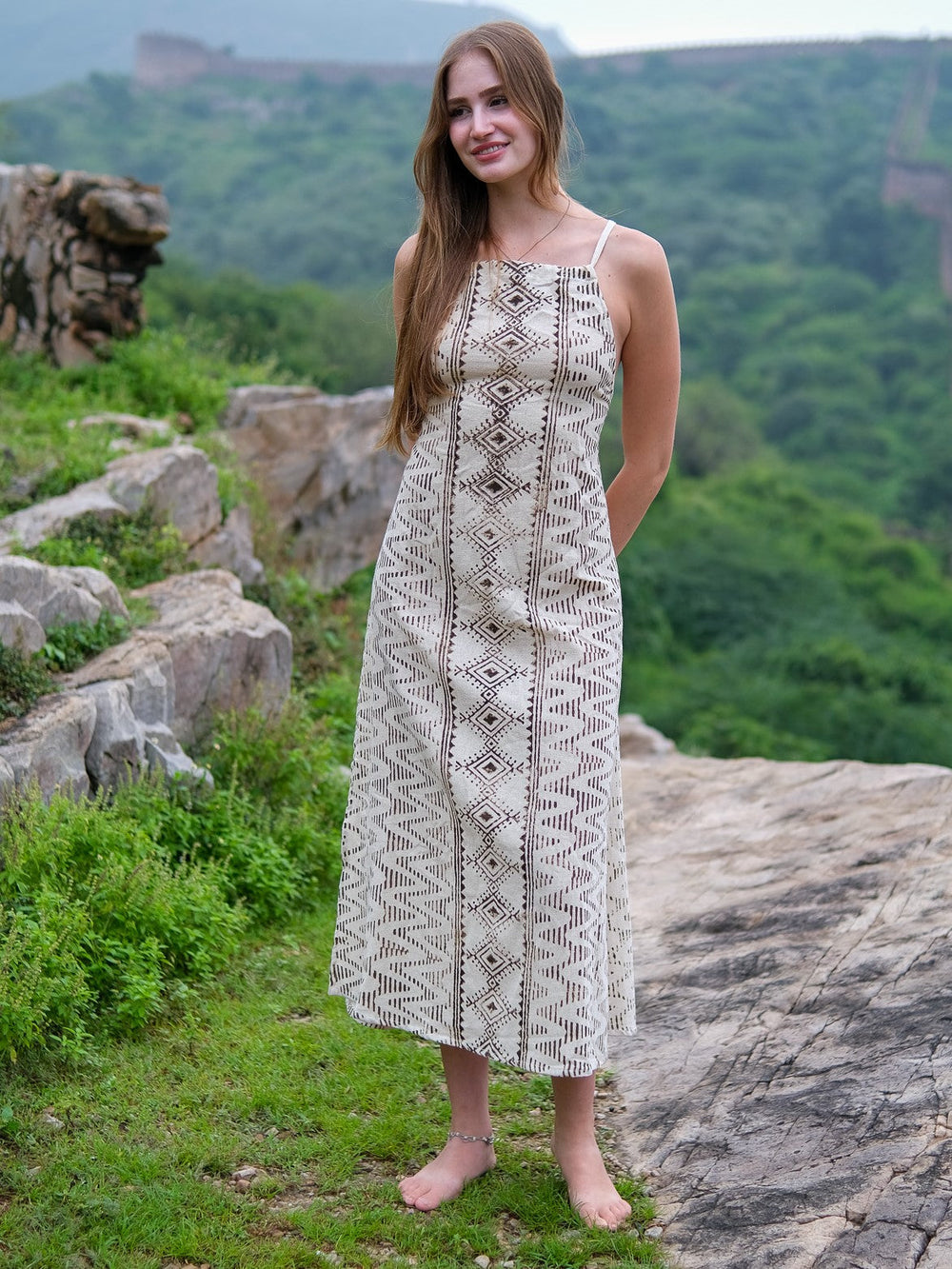 Pomona maxi dress natural hand block print full front view worn in greenery