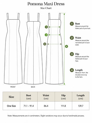 Pomona maxi dress size chart one size bust waist hip length measurements