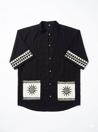Flat lay of black cotton kurta with cream sun motif patch pockets