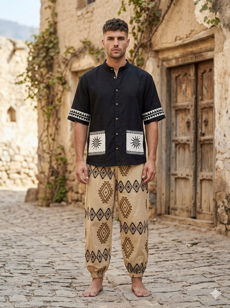Black cotton kurta for men, mandarin collar and sun motif pockets