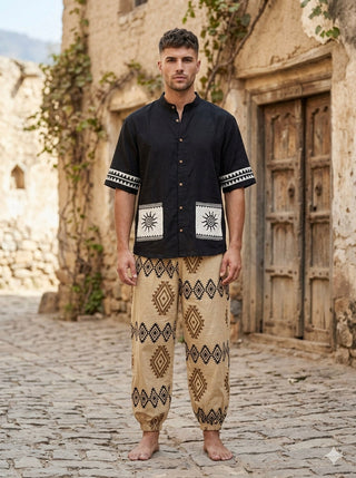 Black cotton kurta for men, mandarin collar and sun motif pockets