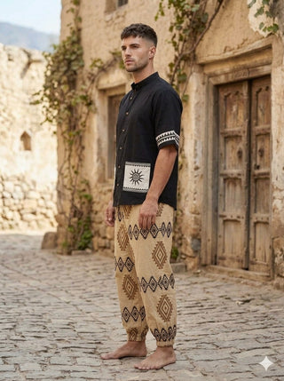 Side view of black cotton mandarin collar kurta with cream sleeve band
