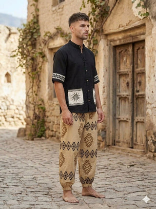 Three quarter view of relaxed black cotton kurta for men with short sleeves