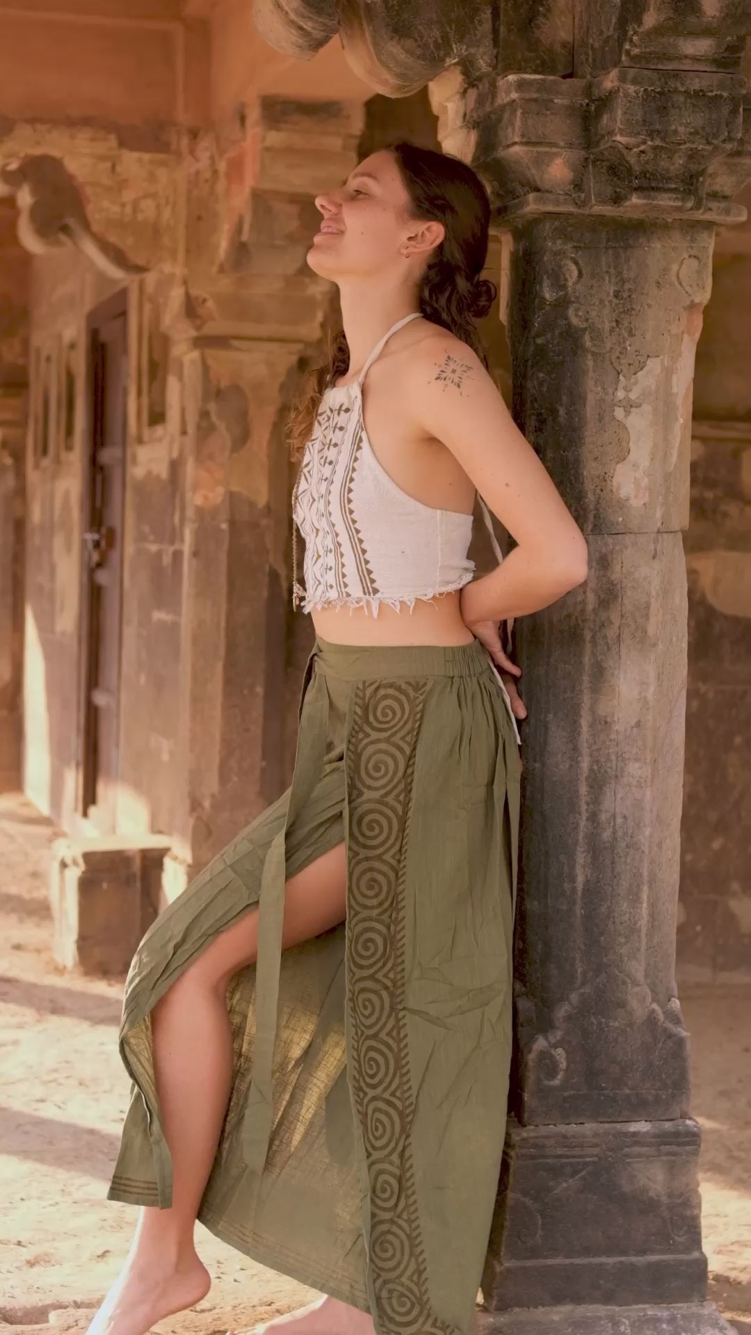 Fisherman wrap pants in hand block printed cotton worn by a model — video by Crystal Heal