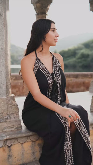 Devi Maxi Dress halter tie and front slit detail worn outdoors — video by Crystal Heal