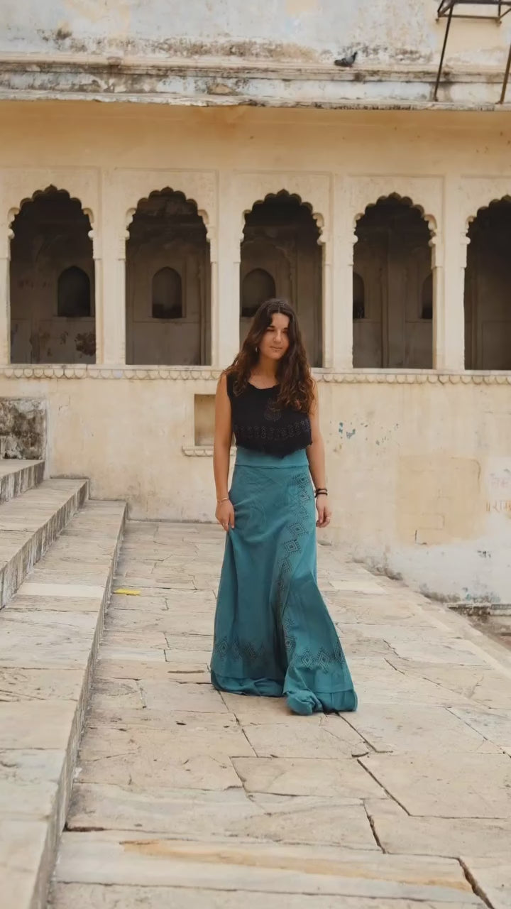 Liva boho crop top in hand block print fabric worn by a model — video by Crystal Heal