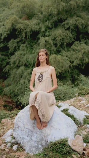 Video of the Anuradha Maxi Dress worn full length, showing the print and flowing hem