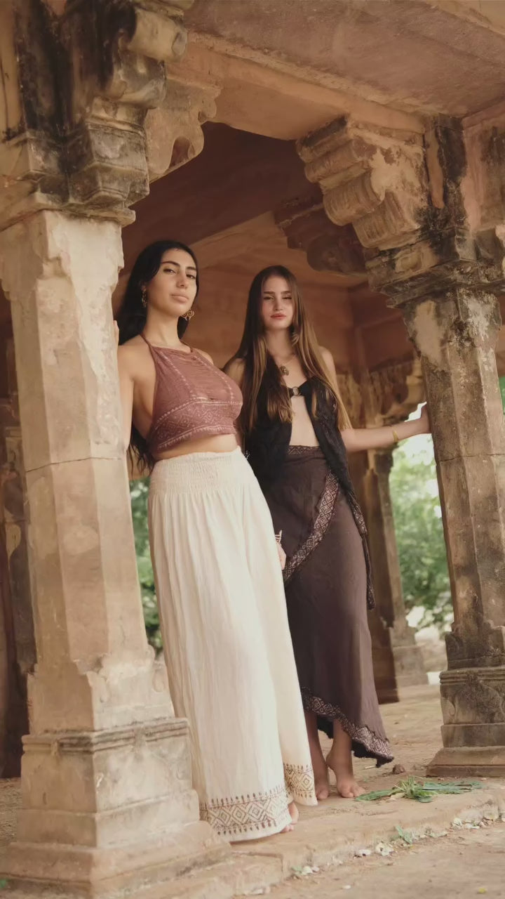 Medusa palazzo pants in handblock printed cotton with wide-leg fit worn by a model — video by Crystal Heal