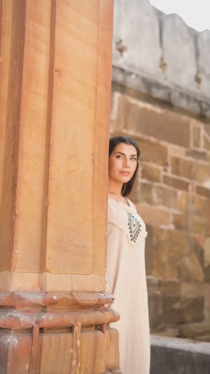 Video of the Anuradha Maxi Dress showing the neckline, cotton fabric and back detail