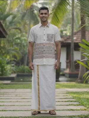Toran artisan cotton shirt with brown geometric print worn with a traditional dhoti — video by Crystal Heal