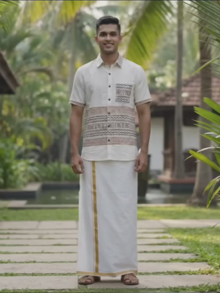 Toran artisan cotton shirt with brown geometric print worn with a traditional dhoti — video by Crystal Heal