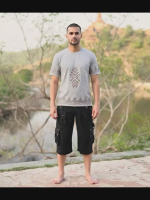 Axara unisex cotton tee with artisan geometric print worn by a model — video by Crystal Heal