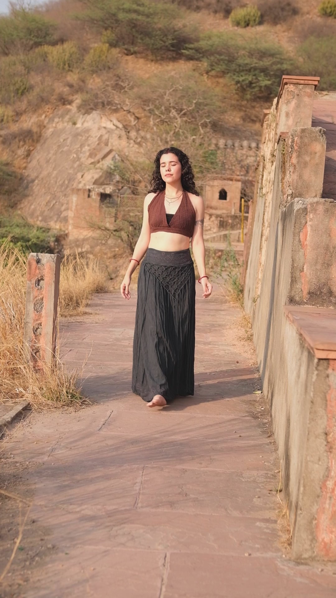 Siara long boho maxi skirt in block print cotton with macrame front panel — video by Crystal Heal