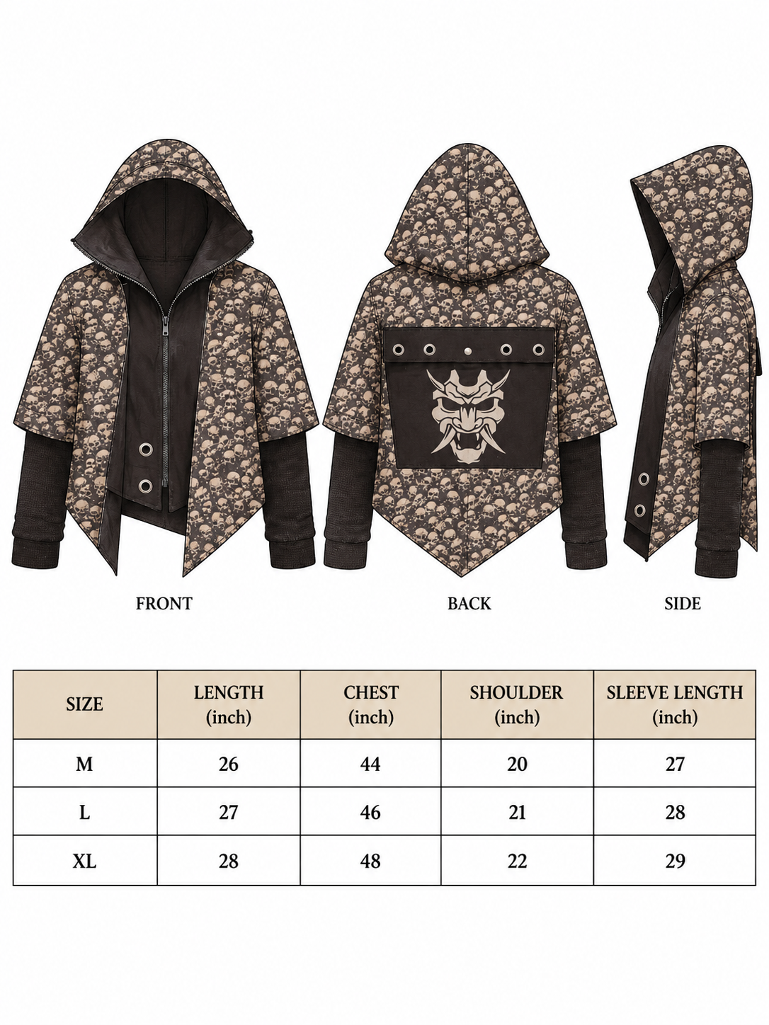 Raaz Jacket size chart for M to XL listing chest, length, shoulder and sleeve measurements in inches
