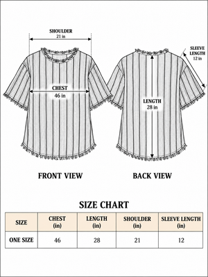 Rang Tee size chart one size chest 46 in, length 28 in, shoulder 21 in, sleeve 12 in