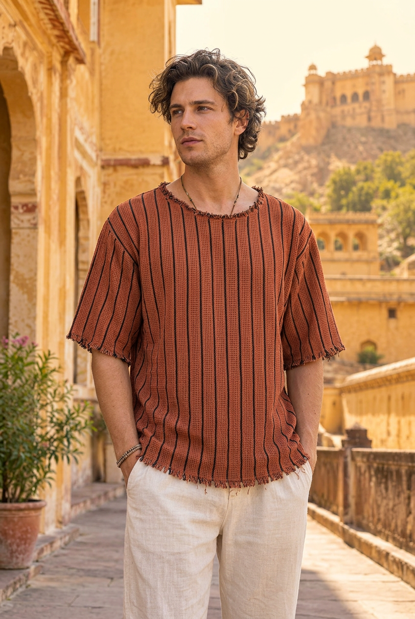 Rang Tee terracotta striped cotton oversized tee worn in Jaipur sunlight with raw frayed neckline