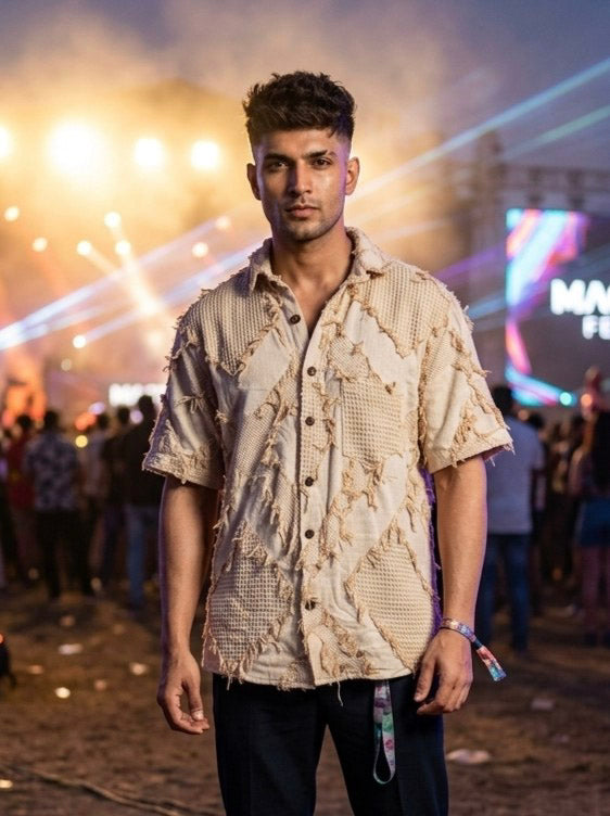 Raqs beige distressed patchwork cotton shirt for men, worn buttoned at a festival