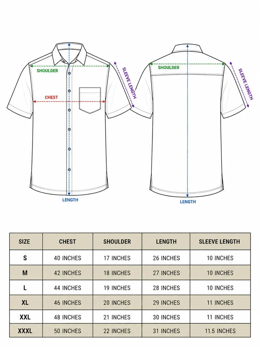 Raqs Shirt men's size chart with chest, shoulder, length and sleeve measurements
