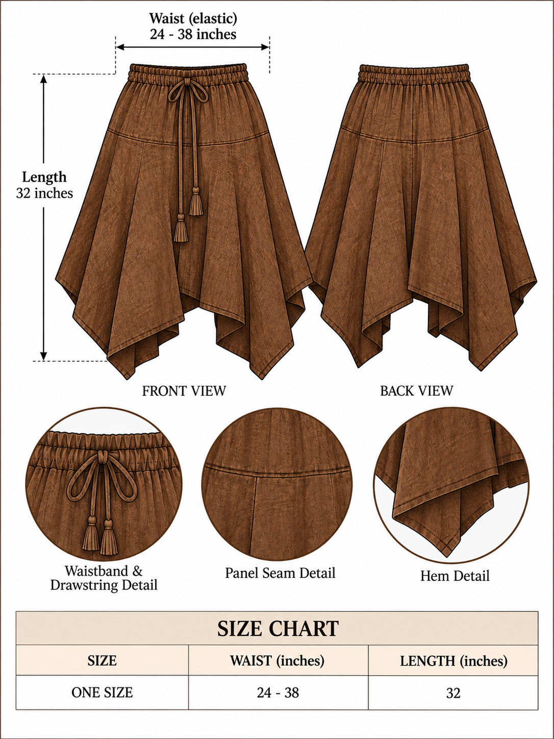 one size, stretch waist 24-38 in, length 32 in