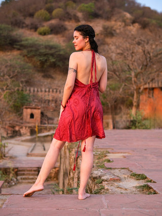 Back view of red halter dress showing deep V-back and long braided neck ties with tassels