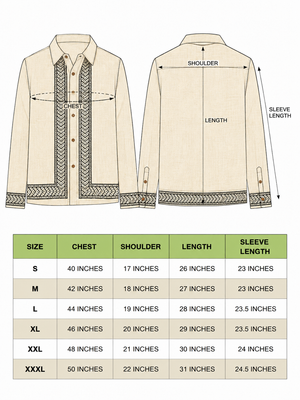 Size chart for Rekh shirt with chest, shoulder, length and sleeve measurements, sizes S to XXL
