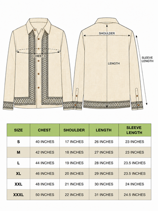 Size chart for Rekh shirt with chest, shoulder, length and sleeve measurements, sizes S to XXL